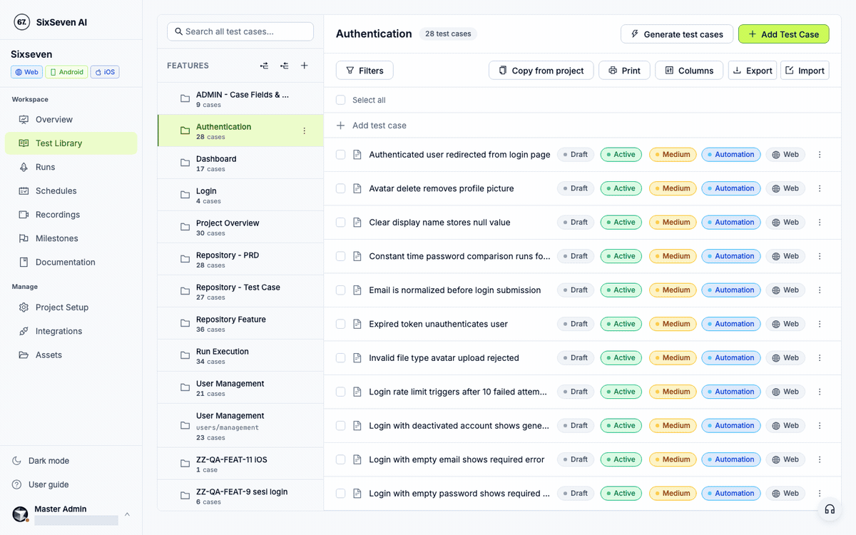SixSeven workspace walkthrough: browse feature folders and review test cases. Account identifiers are masked.