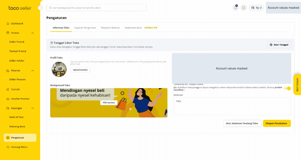 TOCO seller settings: input actions and saving changes. Account values are masked.